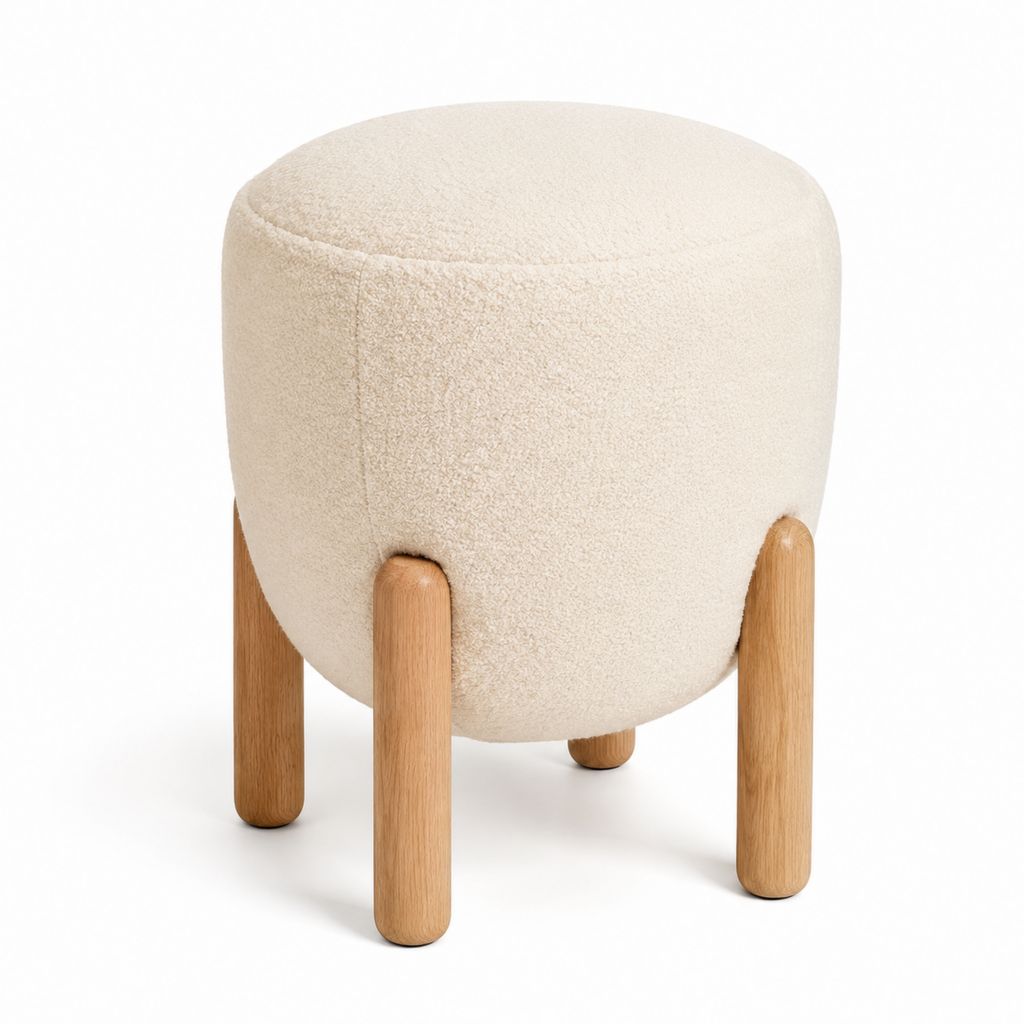 Repose-pieds rond écru en polyester bouclette et chêne massif 40 x 45 cm