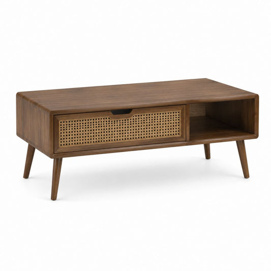 Table basse rectangulaire noyer en MDF plaqué noyer et rotin 100 x 50 x 45 cm