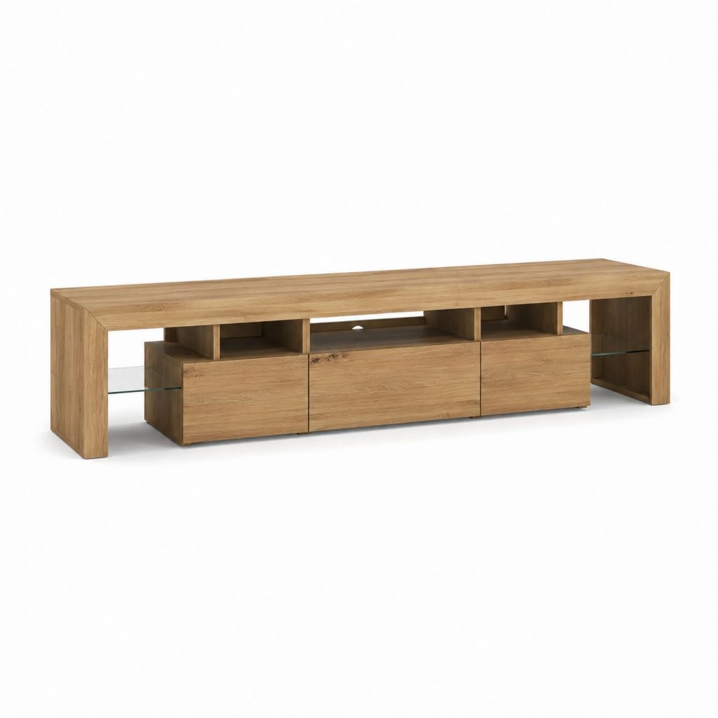 Meuble TV rectangulaire en panneaux MDF plaqués chêne et verre trempé 200 x 45 x 60 cm