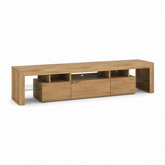 Meuble TV rectangulaire en panneaux MDF plaqués chêne et verre trempé 200 x 45 x 60 cm