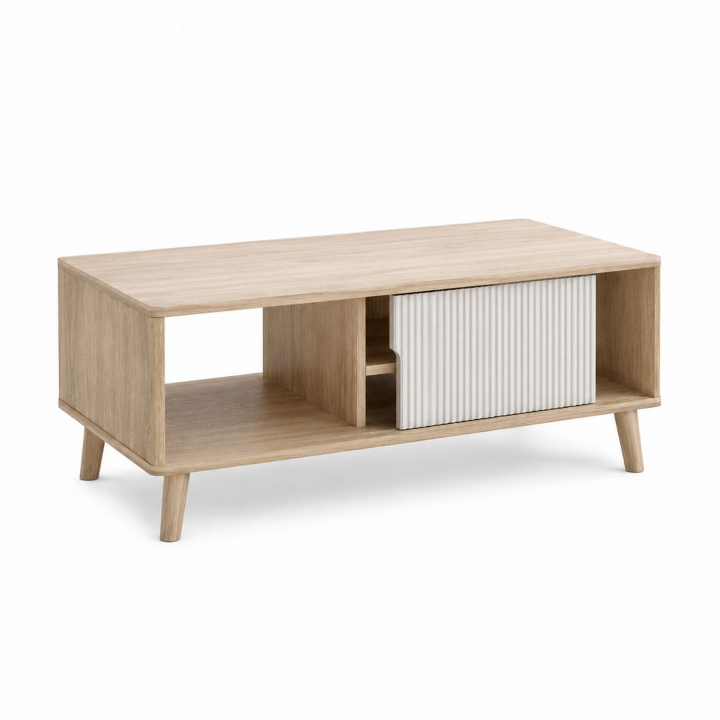 Table basse rectangulaire avec rangement chêne clair blanc en panneaux MDF 100 x 50 x 45 cm