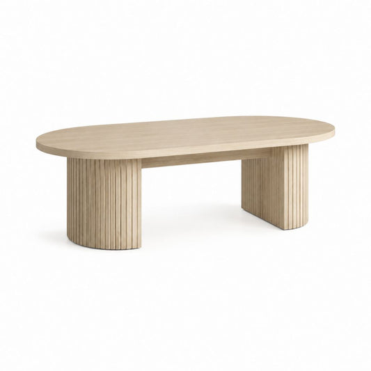 Table basse ovale beige en panneaux de particules décor chêne 120 x 60 x 40 cm