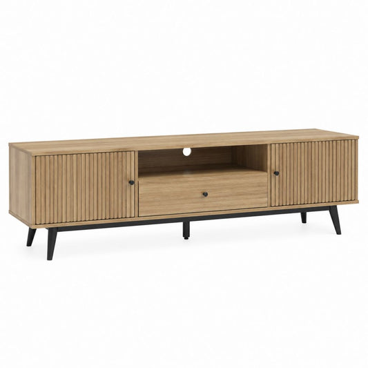 Meuble TV rectangulaire chêne clair en panneaux de particules 180 x 40 x 55 cm avec 2 portes 1 tiroir et passe-câbles