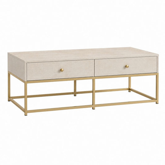 Table basse rectangulaire beige en MDF et acier avec 2 tiroirs 100 x 50 x 45 cm
