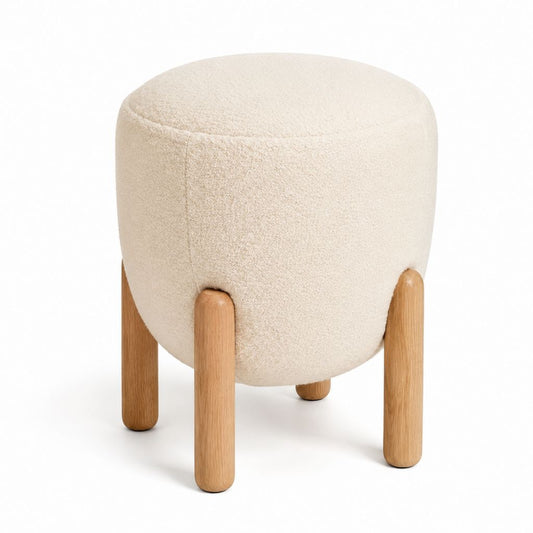 Repose-pieds rond écru en polyester bouclette et chêne massif 40 x 45 cm