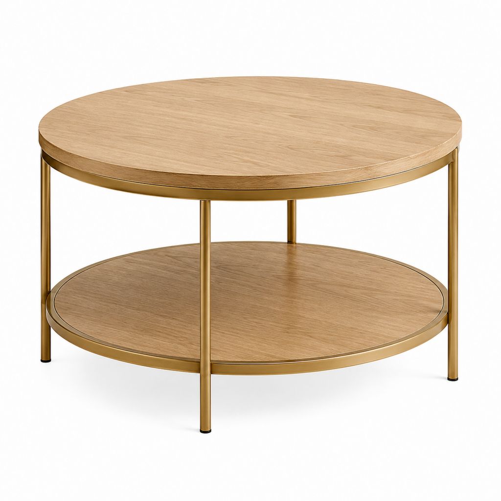 Table basse ronde 2 niveaux chêne clair acier doré Ø80 x H45 cm
