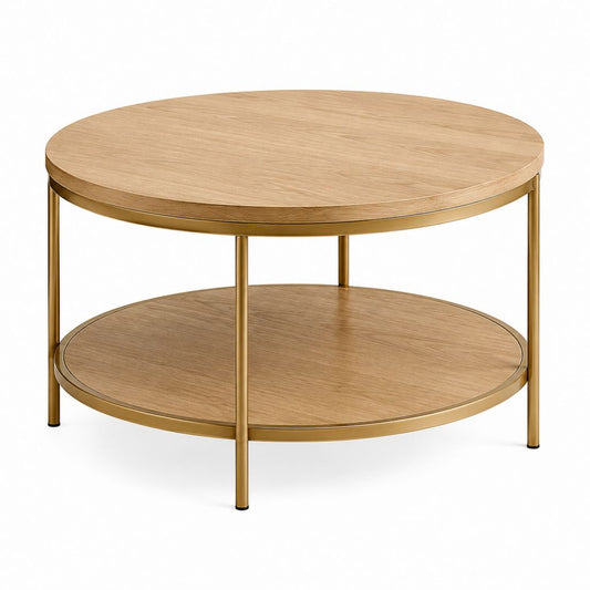 Table basse ronde 2 niveaux chêne clair acier doré Ø80 x H45 cm