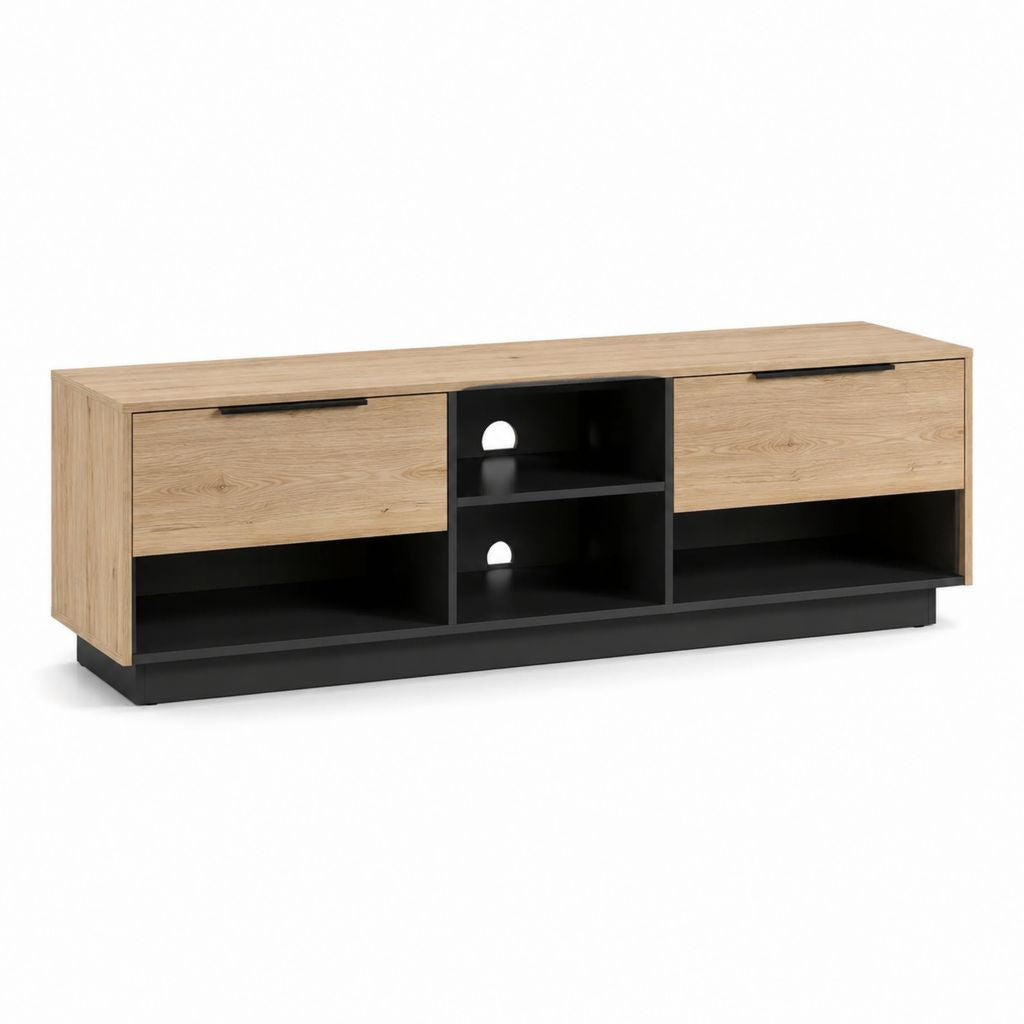Meuble TV 180 cm chêne clair et noir en panneaux de particules avec 2 portes et rangements ouverts