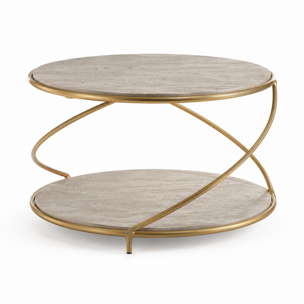 Table basse ronde 2 niveaux gris effet travertin en MDF et acier doré Ø 80 cm H 45 cm
