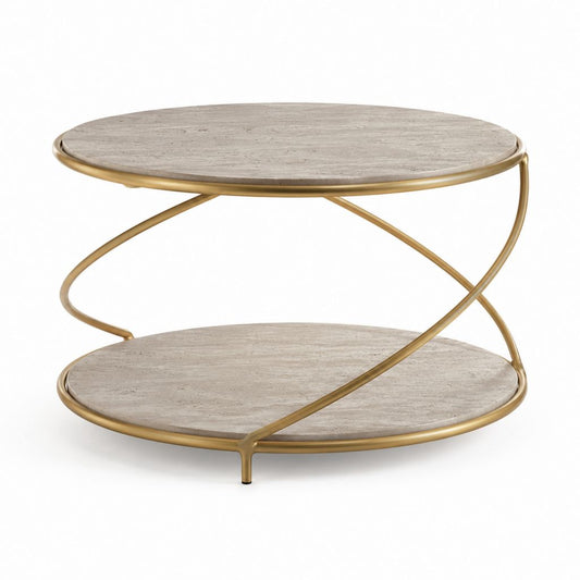 Table basse ronde 2 niveaux gris effet travertin en MDF et acier doré Ø 80 cm H 45 cm