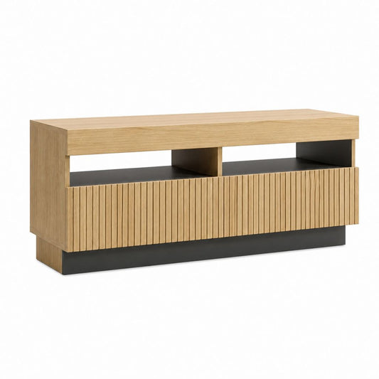 Meuble TV rectangulaire chêne clair et noir en panneaux de particules 140 x 40 x 65 cm avec rangement