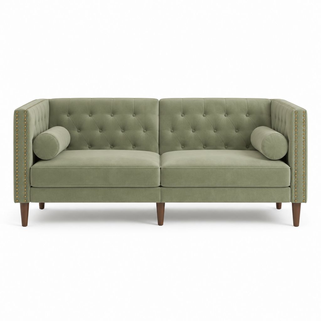 Canapé 2 places droit vert sauge en velours de polyester capitonné 162 x 84 x 78 cm