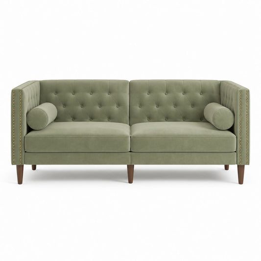 Canapé 2 places droit vert sauge en velours de polyester capitonné 162 x 84 x 78 cm